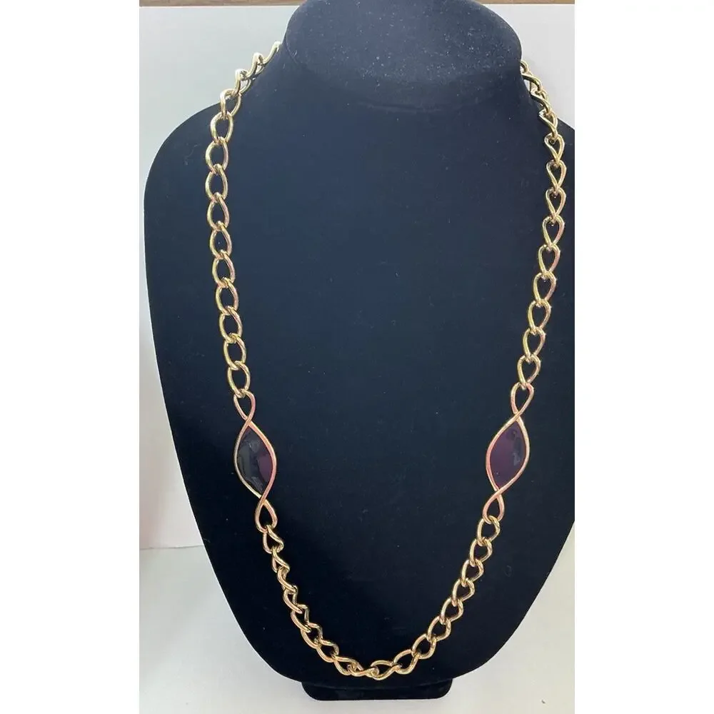 VTG NAPIER GOLD TONE METAL CHAIN WITH TWO MARQUISE SHAPED BLACK ENAMEL STAT